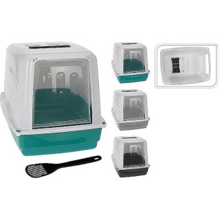 Katzenklo Katzentoilette mit Deckel, Klappe und Schaufel 53x38x45cm Katzen-WC petrol