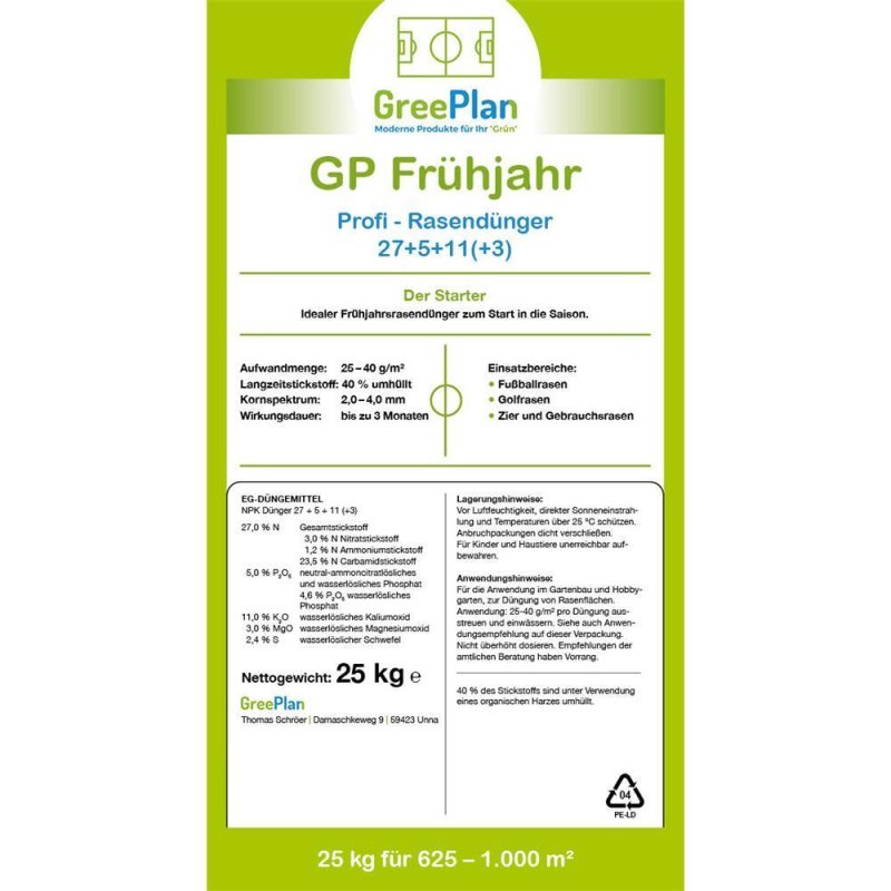 GP Frhjahr Profi min. Rasendnger 25kg Sack 625-1000 m NPK-Dnger  27+5+11(+3) - pondeo.de - Dein O,  92,02