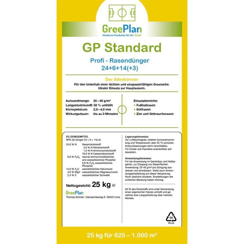 GP Standard Profi min. Rasendnger 25kg Sack 625-1000 m NPK-Dnger 24+6+14(+3)  - pondeo.de - Dein O,  92,02