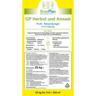 GP Herbst + Ansaat Profi org.-min. Rasendünger 20kg Sack 310-500 m² NPK-Dünger 7+7+10(+2)