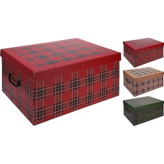 Aufbewahrungsbox Mini Tartan Karo beige, rot, grün mit Deckel/Griff 33x25x16cm Allzweckkiste Pappbox Aufbewahrungskarton Geschenkbox