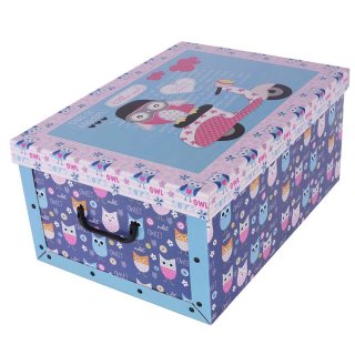 Aufbewahrungsbox Maxi Eule t&uuml;rkis mit Deckel/Griff 51x37x24cm Allzweckkiste Pappbox Aufbewahrungskarton Geschenkbox