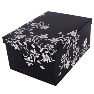 Aufbewahrungsbox Midi Flower schwarz mit Deckel/Griff 37x30x16cm Allzweckkiste Pappbox Aufbewahrungskarton Geschenkbox