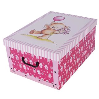 Aufbewahrungsbox Mini Bärchen rosa mit Deckel/Griff 33x25x16cm Allzweckkiste Pappbox Aufbewahrungskarton Geschenkbox