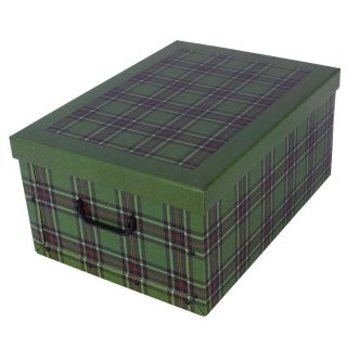 Aufbewahrungsbox Mini Tartan Karo gr&uuml;n mit Deckel/Griff 33x25x16cm Allzweckkiste Pappbox Aufbewahrungskarton Geschenkbox